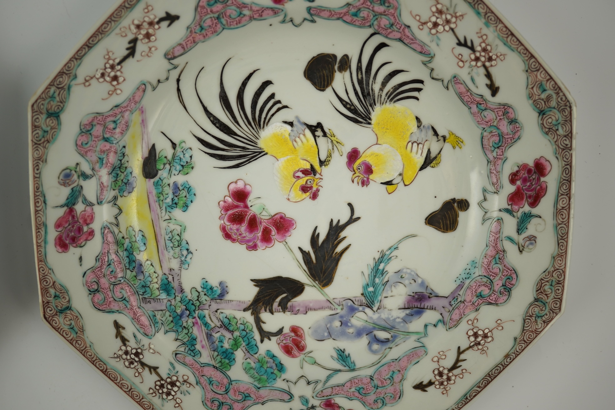 A pair of Chinese famille rose ‘cockerel’ octagonal plates, Yongzheng period